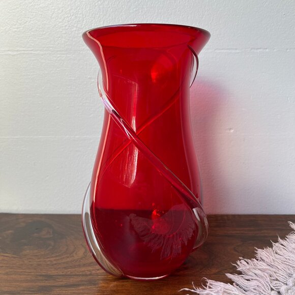 Murano Hand Blown Vase Ruby Red with Clear Swirls 9" Tall - Picture 1 of 16